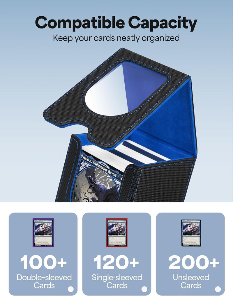 banloga Card Deck Box for MTG Commander, Card Case Holds 100+ Double-Sleeved Cards, Magic Card Box Fits for TCG/PTCG/CCG Card with 2 Dividers (Black&Blue) - Image 2
